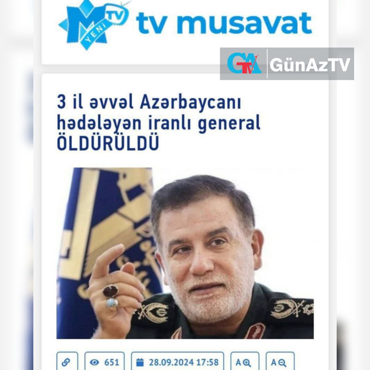 رسانه مساوات آذربایجان: ژنرال ایران که 3 سال پیش آذربایجان را تهدید کرده بود کشته شد